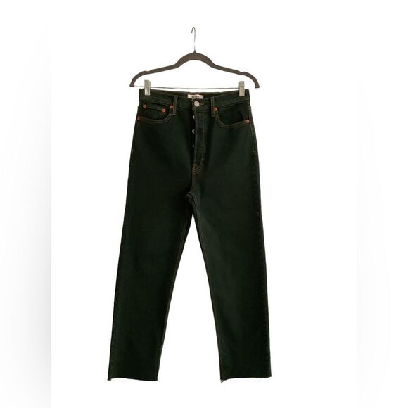 Re /Done Women’s Size 28 Green Ultra High Stove Pipe Raw Hem Jeans Denim